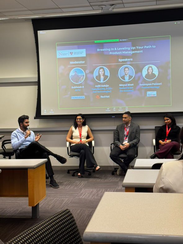 Rajaseelan moderating an APMC panel on product management career paths